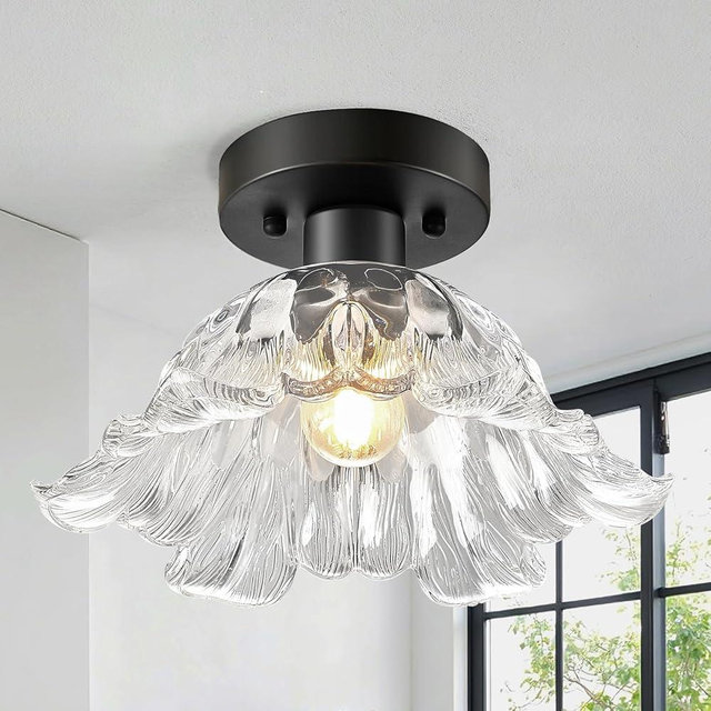 Kvhiiw Modern Flower Glass Ceiling Light, Mid-Century Lighting Fixtures, Black Semi Flush Mount Ceiling Light for Hallway, Kitchen, Laundry Room, Bathroom, Entryway, 11 in