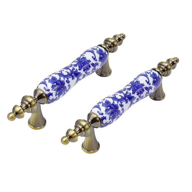 MY MIRONEY 3" Holes Center to Center Blue Floral Cabinet Pulls Ceramic Antique Bronze Drawer Pull Hardware Kitchen Cabinet Pull Handles Blue and White Porcelain Dresser Pulls Pack of 2