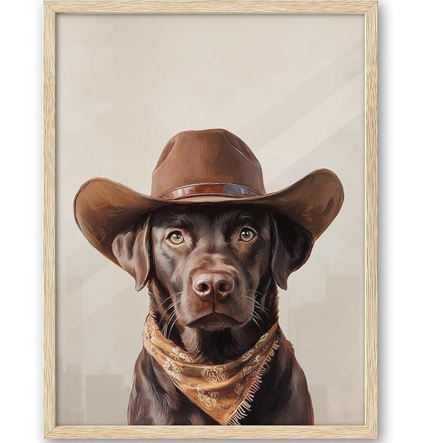 iHery Natural OAK Wood Labrador Dog Cowgirl Hat Framed Wall Art, 12x16 in Neutral Aesthetic Western Trendy Canvas Wall Art Decor For Bedroom, Funky Cute Dog Prints Bathroom Living Room Set of 1