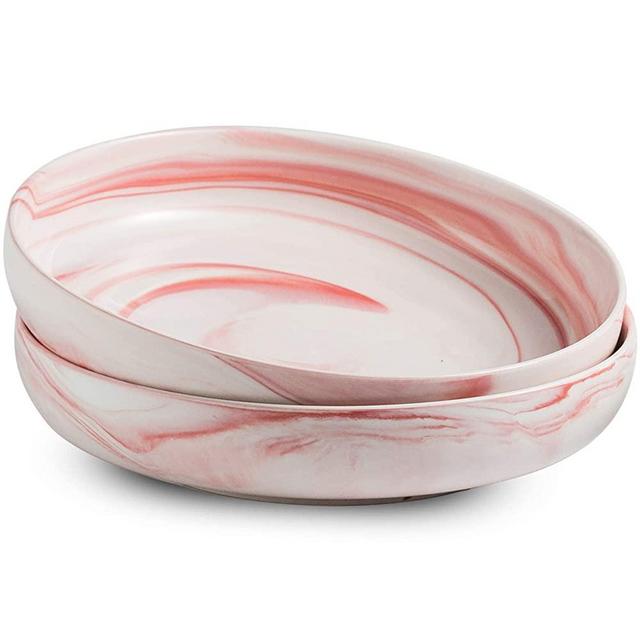 YHOSSEUN Porcelain Serving Bowl Set Large Serving Bowls for Kitchen, Party, 1.9 Quarts Ceramic Bowl for Salad, Pasta, Fruit, Set of 2, Marble Pink