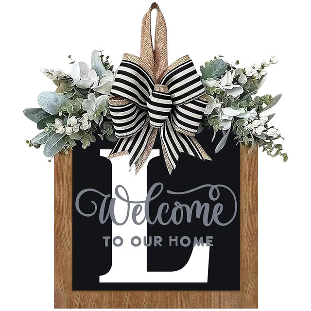 14’’ Last Name All Year Round Front Door Wreath, 26 Letter Welcome Sign Door Wreaths for Front Door, Farmhouse, Porch, Outdoor Decoration for Spring Summer Fall All Seasons Halloween Christmas(L)