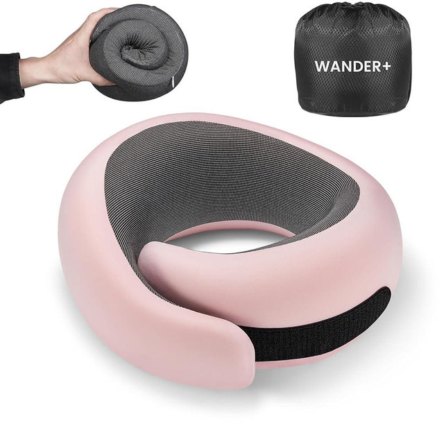 WANDER PLUS® Genuine Travel Pillow, 100% Pure Memory Foam Neck Pillow for Airplanes, Comfortable Breathable Cover, 360° Support Stowable Pillows for Sleeping, Car, Airport Travel Essentials Pink