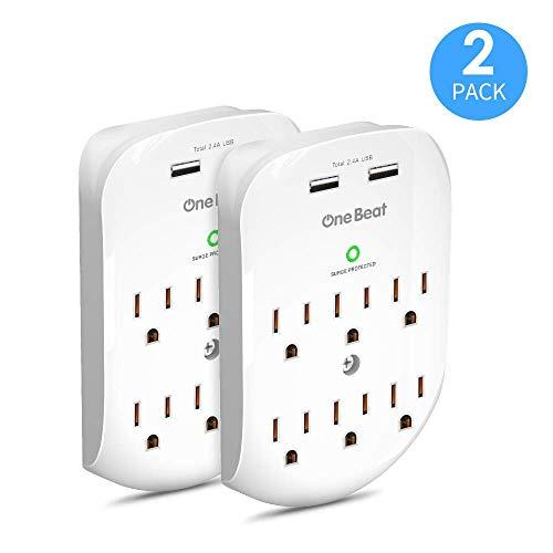 2 Pack 6-Outlet Wall Surge Protector, Multi Plug Outlet Extender, Outlet Wall Adapter with 2 USB Charging Ports 2.4 A, 490 Joules, ETL Certified-White for Home, School, Office