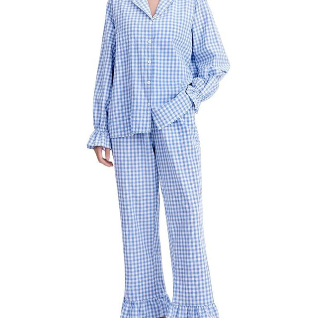 Kissonic Women Gingham Pajama Sets Cotton Long Sleeve Button Down Shirt and Pants Y2K Pjs Lounge Set Sleepwear
