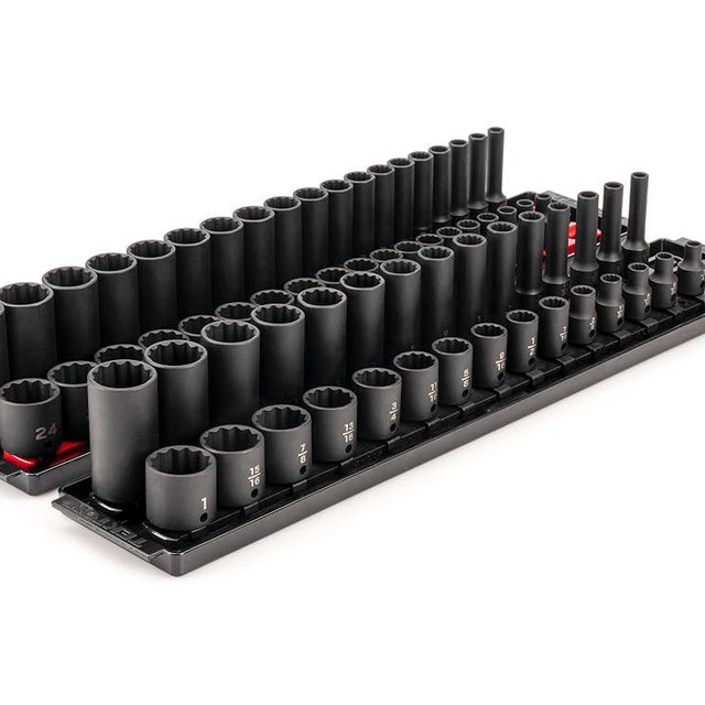 TEKTON 3/8 Inch Drive 12-Point Impact Socket Set with Rails, 68-Piece (1/4-1 in., 6-24 mm) | SID91219