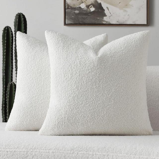 FUTEI Pack of 2 White Boucle Accent Decorative Throw Pillow Covers,18x18 Inch Soft Solid Textured Cushion Case,Home Decor for Couch Bed Living Room