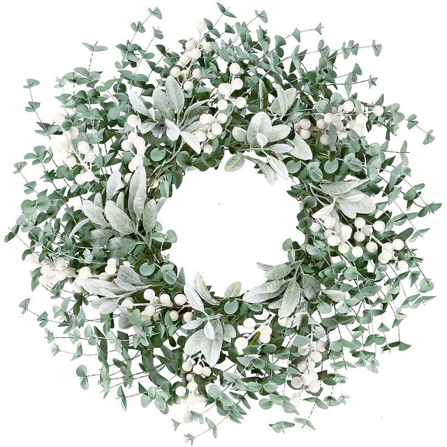 Sggvecsy Artificial Greenery Leaves Wreath for Front Door 22 Inch Greenery Boxwood Wreath Flocked Lambs Ear Wreath with White Berries Spring Summer Wreath for Farmhouse Wall Home Indoor Outdoor Decor