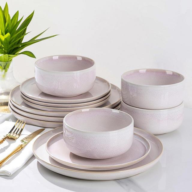 TheTerra Ceramic Dinnerware Sets for 4, 12 Pieces Handmade Reactive Glaze Plates and Bowls Set, Scratch Resistant Dish Set, Oven & Microwave & Dishwasher Safe
