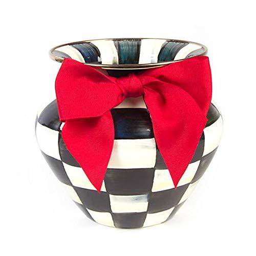 MacKenzie-Childs Courtly Check Enamel Large Vase - White and Black - Home Office Party Wedding Decoration - Ribbon Bow - 7.5 dia., 7 tall