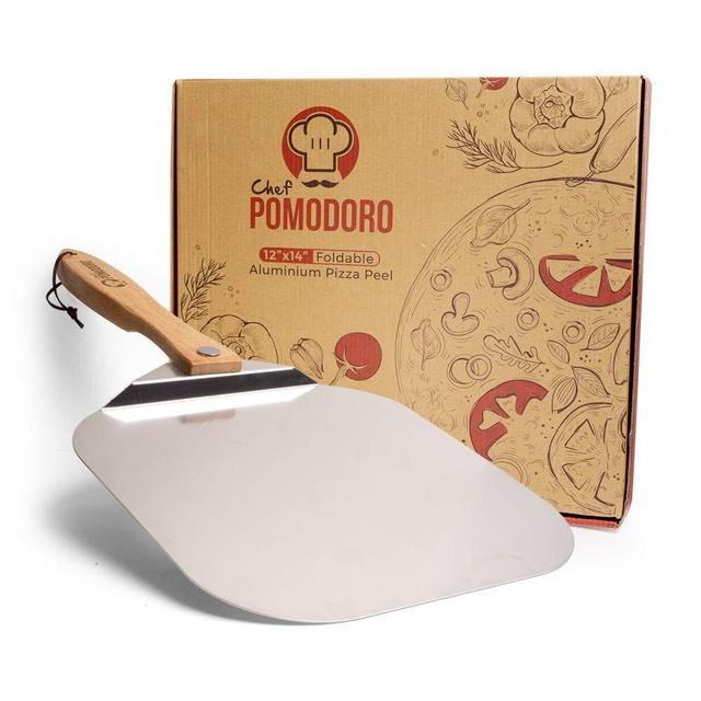 Chef Pomodoro Aluminum Metal Pizza Peel with Foldable Wood Handle for Easy Storage 12-Inch x 14-Inch, Gourmet Luxury Pizza Paddle for Baking Homemade Pizza Bread