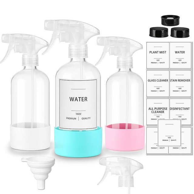 YULING-X 3Pcs empty glass spray bottle with Silicone Sleeve and label, 16 ounce reusable spray bottle, adjustable nozzle,for cleaning solutions, essential oils, hair, pets, plants, etc.