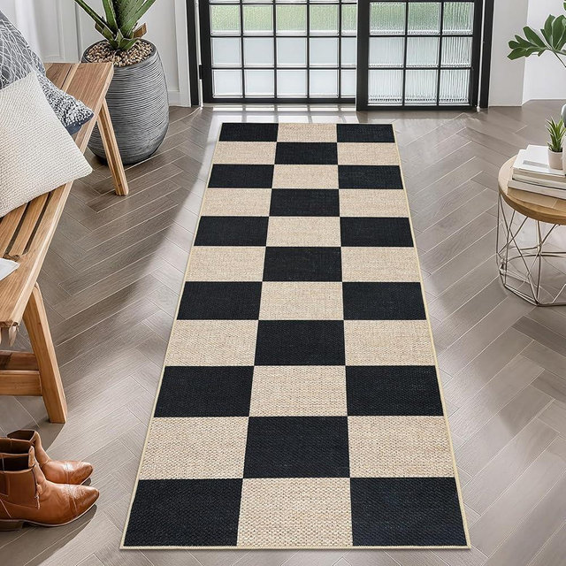 GarveeHome Easy Jute Rugs 2x8 Checkered Kitchen Runner Rugs Non Skid Washable Stain Resistant Indoor Outdoor Rugs for Living Room, Bedroom, Dining, Patio - Farmhouse Style Black