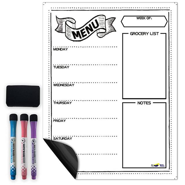 Magnetic Dry Erase Menu White Board for Kitchen Fridge with Fine Tip Markers - 16x12" - Weekly Meal Planner and Grocery List Notepad for Refrigerator - Easy to Erase Cute Whiteboard Calendar