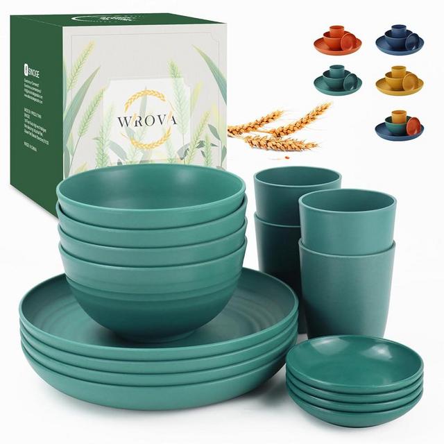 Wrova Wheat straw plates and bowls set of 16 - Unbreakable wheat straw dinnerware sets for kids - Alternative plastic dinnerware set service for 4 - Microwave safe and Dishwasher safe bowls. Green