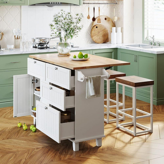 Bellemave 3 Piece Kitchen Bar Table Set Kitchen Island Set with 2 Stools and Drop Leaf, Island Table Set with Seating, Storage Cabinet, Drawers and Towel Rack (White)