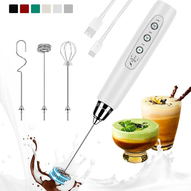 Colarlemo Milk Frother Handheld Rechargeable, Frother Wand Drink Mixer Electric Whisk for Coffee, Detachable With 3 Stainless Whisks, Hand Mixer for Lattes, Cappuccino, Matcha, Egg, No Stand, White