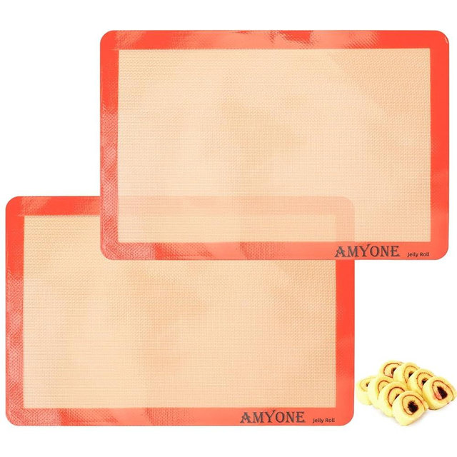 AMYONE Silicone Baking Mat for Jelly Roll Pan, Non-Stick Silicone Baking Sheet Liners Compatible with Nordic Ware Naturals Jelly Roll Pans, 2 Pcs Food Grade Baking Mats for 10 x 15-inch Swiss Roll Pan