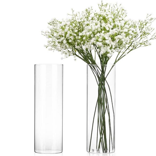 2pcs Clear Glass Cylinder Vases for Centerpieces, 12 x 4 Inch Tall Glass Hurricane Candle Holder for Table Shelf, Wedding Decorations, Floral Vase for Flowers Home Decor