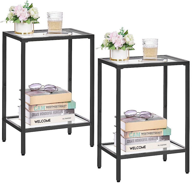 HOMSHO Side Tables Set of 2, End Tables with Tempered Glass, 2-Tier Nightstands with Storage Shelves, Slim Sofa Table for Living Room, Bedroom (2, Black)