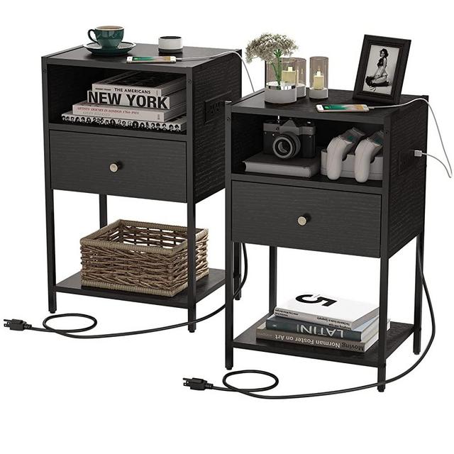 LDTTCUK Nightstand Set of 2 with Charging Station, Modern End Table with Drawer, Bedside Table with Open Storage for Bedroom,Black