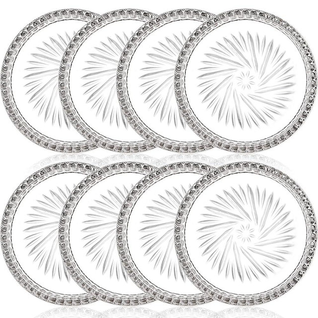 AVLA 8 Pack Crystal Drink Coasters, Glass Round Cup Mat, Clear Decorative Wine Bottle Coasters Barware Set for Table Protection of Home Kitchen, Dining Room, Patio, Coffee Shop, 3.75", Carved Design