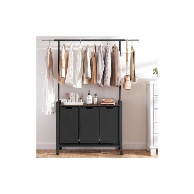 Laundry Sorter, Rolling Laundry Hamper with Hanging Rack, Laundry Hamper 3-Section with Wheels, Rustic Brown