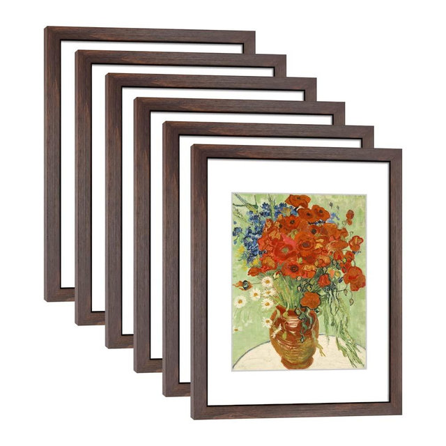 DEKWINN 11x14 Picture Frame Set of 6 for Pictures 8x10 with Mat or 11x14 Without Mat, Wall or Tabletop Gallery Photo Frames Walnut
