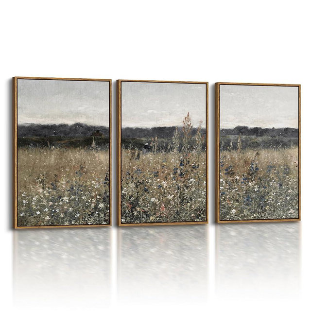 InSimSea 3 Pcs Framed Canvas Art for Living Room, 16x24inch, Vintage Wall Decor, French Country Meadow Landscape Paintings with Frame, Bedroom Farmhouse Decor Above Bed, Set of 3