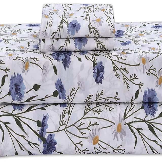 Ruvanti 100% Cotton Bed Sheets, 4 Pcs Bed Sets, Blue & Yellow Floral Queen Size Sheets Set, Soft, Breathable, Deep Pocket Sheets, Cooling Bedding Sheets Set Include 1 Flat, 1 Fitted Sheet,2 Pillowcase