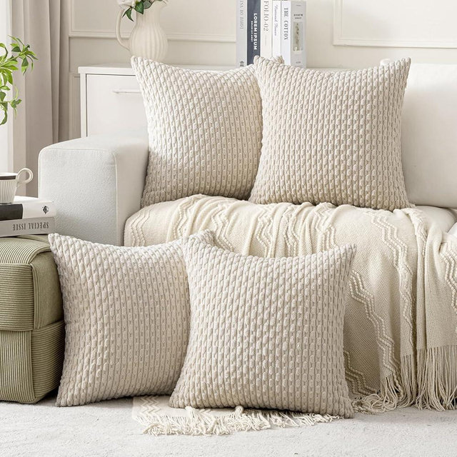 MIULEE Throw Pillow Covers Soft Couch Decorative Set of 4 Boho Striped Cushion Covers Corduroy Pillowcases Farmhouse Home Decor for Couch Bed Sofa Living Room 18x18 Inch Beige