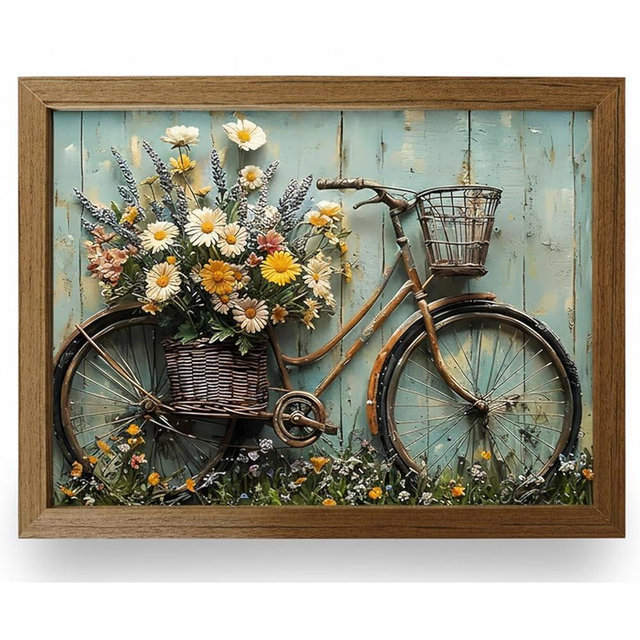 HYHSMiekl Vintage Bicycle Daisy Wall Art 8x10 Inch, Rustic Farmhouse Floral Canvas Print, Wildflower Bike Painting Desk or Wall Decor with Stand & Hooks for Bathroom Bedroom Kitchen Living Room