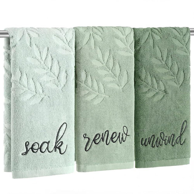 Moukeren 3 Pcs sage Green Hand Towels for Bathroom 100% Cotton Green Leaves Jacquard Embroidered Soak Unwind Breathe Bath Towels Bathroom Spa Kitchen Dishcloth Gift Set Farmhouse Decorations