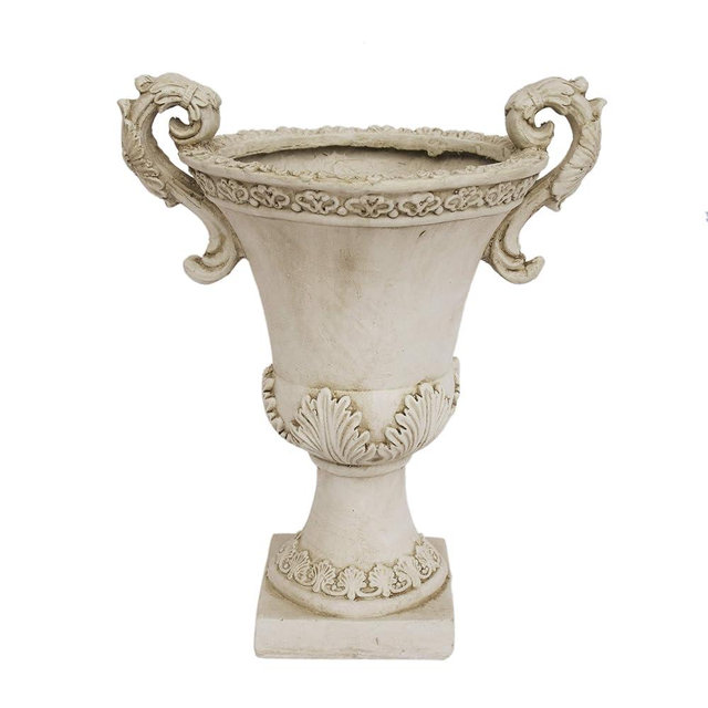 Great Deal Furniture GDFStudio Chalice Garden Urn Planter, Roman, Botanical, Antique White Lightweight Concrete