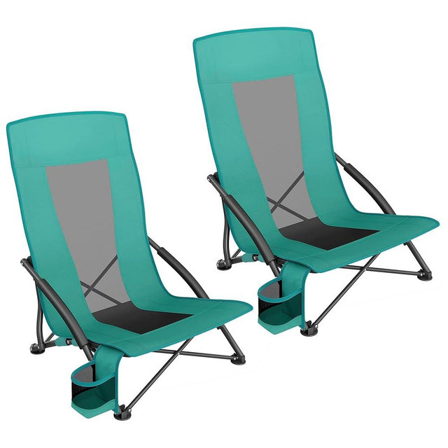 SONGMICS Set of 2 Portable Beach Chairs for Adults, Max. Load 330 lb Each, High Backrest, Cup Holder, Lightweight, Heavy-Duty, Green UGCB067C01V1