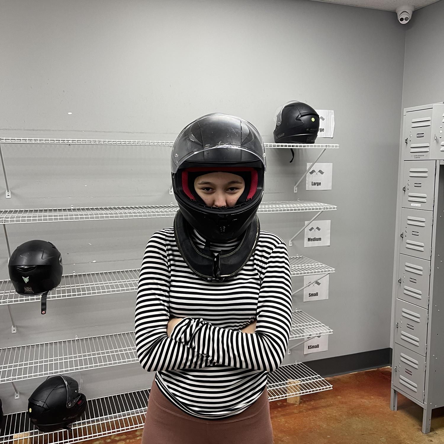 Marie's game face before racing Luke in Go-Karts