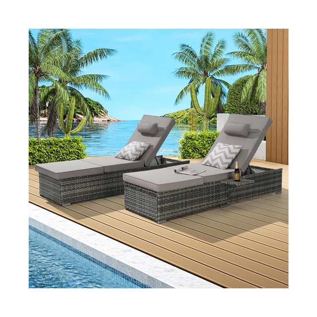 Outdoor chaise lounge set (2) with storage, adjustable backrests, table, cushions