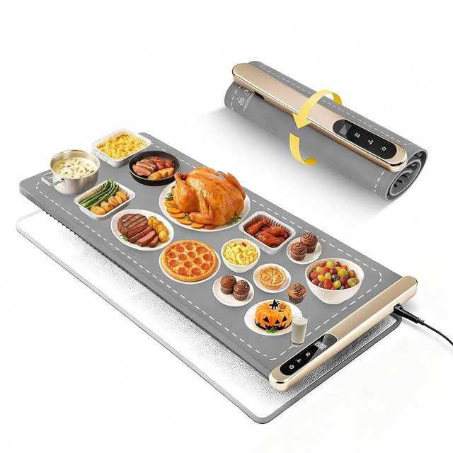 Graphene Food Warming Mat Extra Large 43"x16" with Insulation Pad for Countertop, 560W Electric Warming Tray Mat for Buffet, Food Warmer for Parties & Gatherings, 6 Heat Levels & 6 Timer, Gray Gold