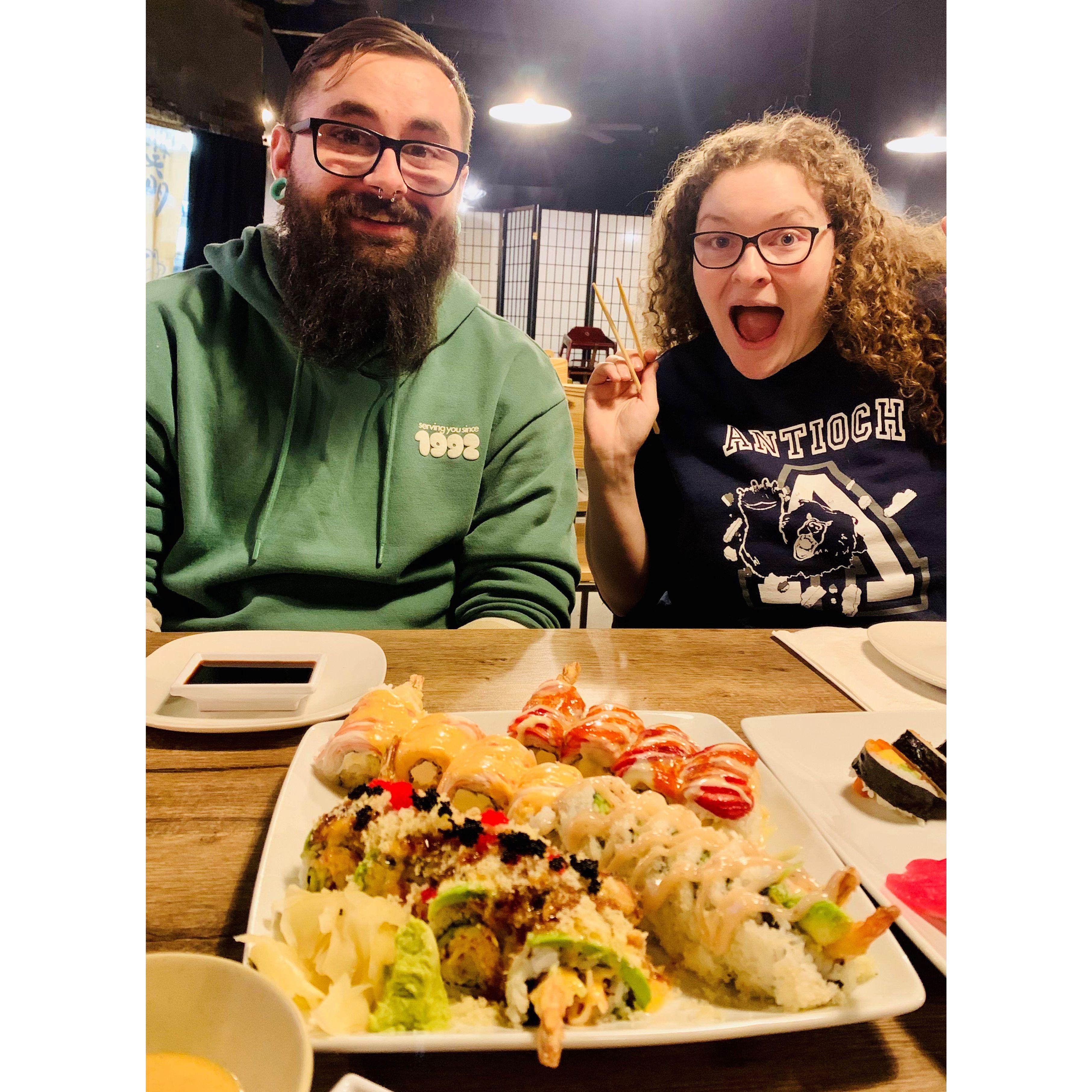 Sushi celebration after we sent out our save the date magnets!