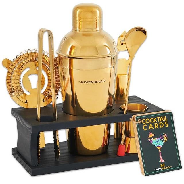 Mixology Bartender Kit - 8-Piece Cocktail Shaker Set with Wood Stand, Recipe Cards, and Bar Accessories Ideas (Gold - Black)