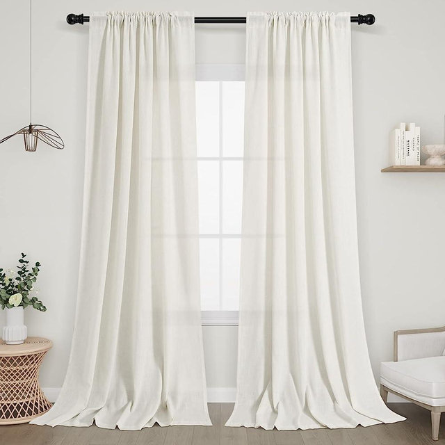 Natural Linen Curtains 84 Inch Length 2 Panels Rod Pocket Semi Sheer Boho Bedroom Curtain Privacy Ivory Cream White Farmhouse Curtain Drapes Soft Flax Linen Blend Floor Length 52x84 Inches Long 7 FT