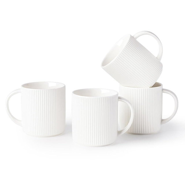 theterra Ceramic Coffee Mugs Set of 4, 14.2oz Handmade Coffee Cups with Handle for Latte, Tea, Milk, Beer, Hot Cocoa, Bright White