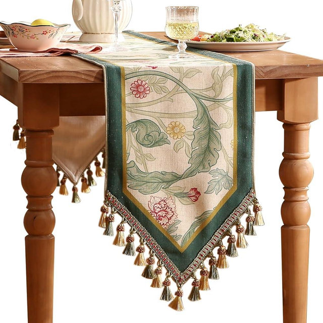 patdrea Designer Green Floral Table Runner,French Elegant Vibrant Rustic Linen with Green Leaves Patterns Fabric Table Mat,Decoration for Kitchen Dining Room Banquet Christmas,18"*87"