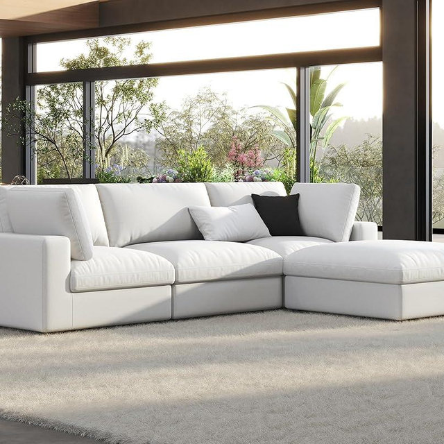 PaPaJet 114 Inches Sectional Sofa, Oversized Down Filled Modular Sectional Couch, 4 Seats L Shaped Sofa with Chaise, Ottoman, Cloud Couch for Living Room Apartment, White Linen Sofa Set