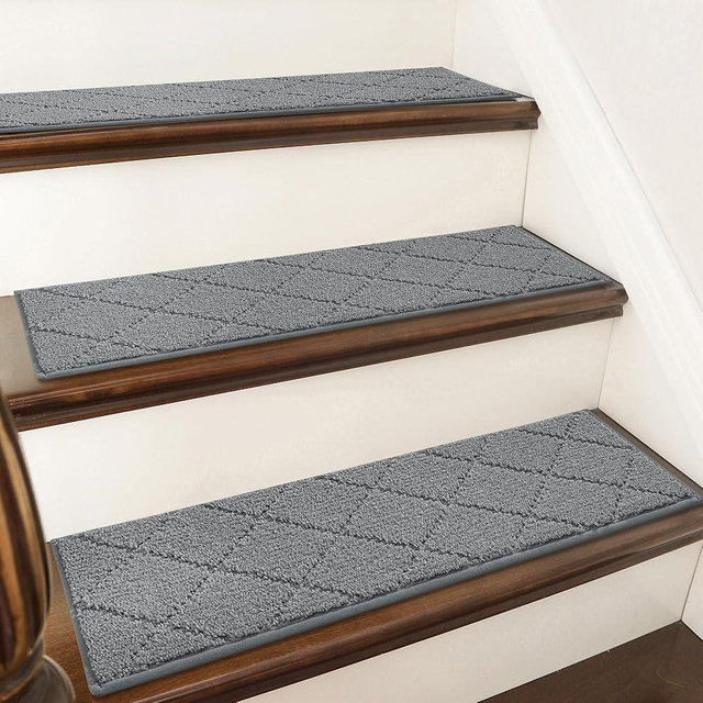 COSY HOMEER Stair Treads for Wooden Steps 9"x28" Washable Indoor Carpet Stair Treads Non Slip Soft Polyester Stair Carpet Tread Reusable Stair Runner Rugs for Kids, Elders,Pets,Medium Grey,10pcs