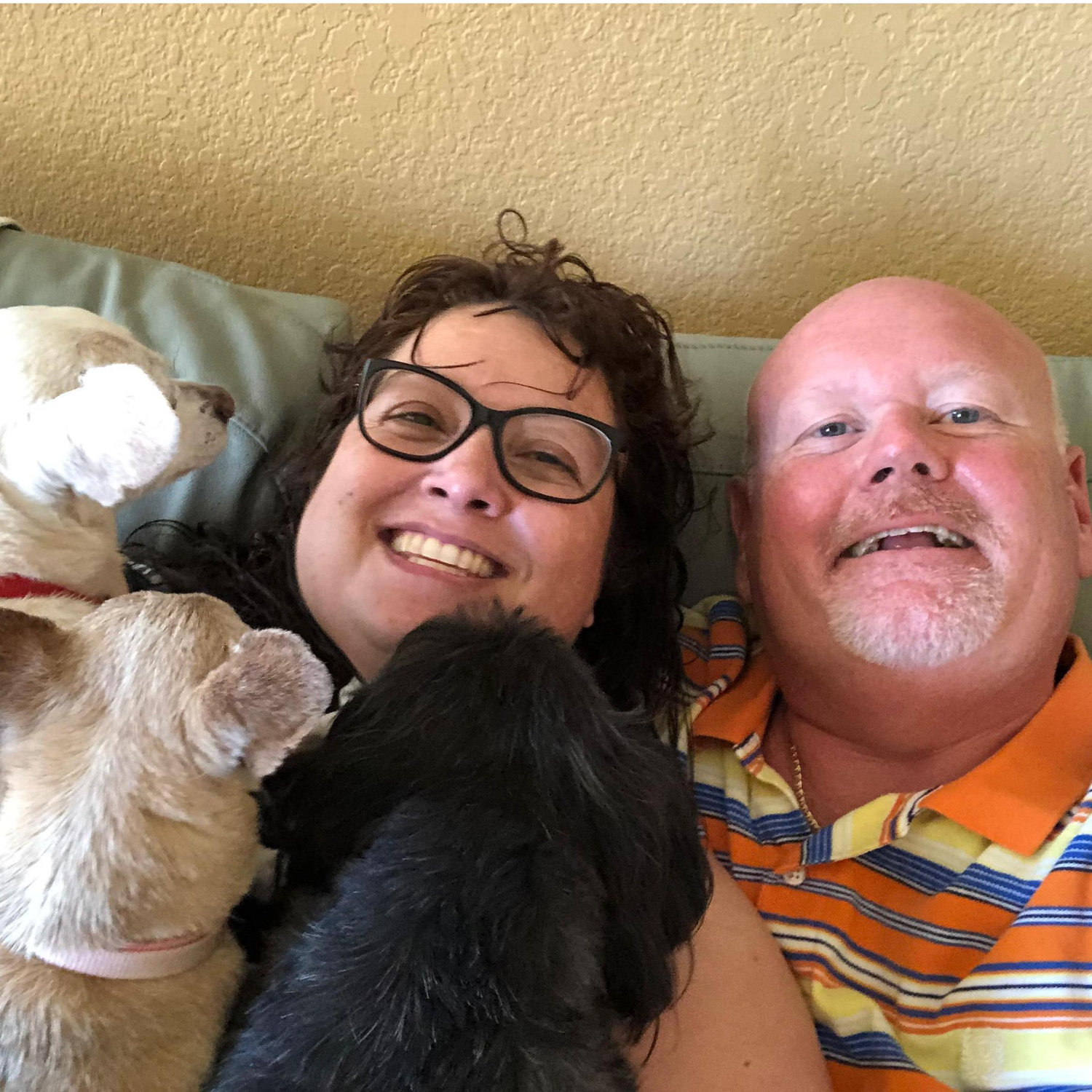 Us and our puppies. Hard to watch Mass with a lap full of puppies! Unfortunately Babushka and Tanzi have both crossed the Rainbow Bridge since we've been together. For now, it's only Twinkie and us...