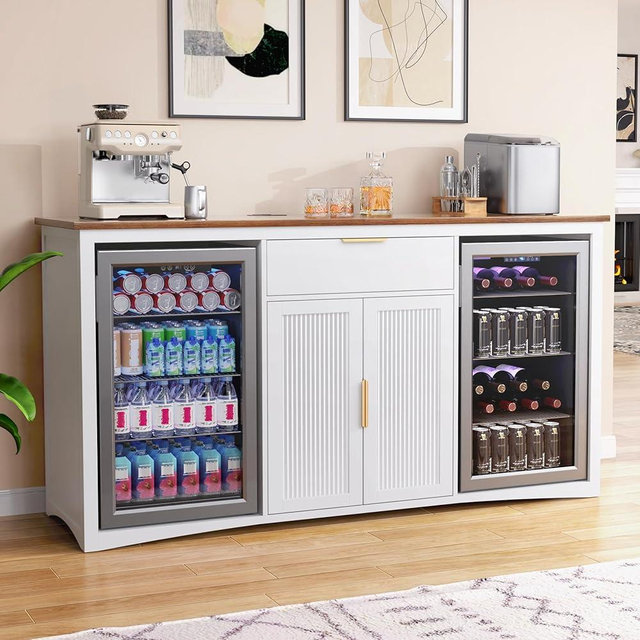 GDLF Long Coffee Bar Cabinet with Fridge Space, Modern Wine Liquor Cabinet with Storage & Power Outlet, Buffet Sideboard with Fluted Doors for Home, 70.1 Inch, White