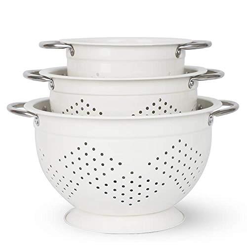 Hillbond Powder Coated Steel Colanders Strainers Set of 3 with Riveted Handles - White