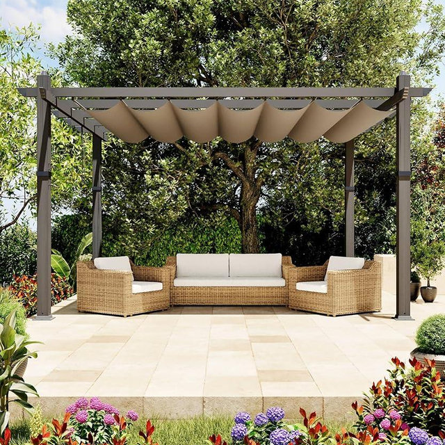 GarveeLife 10x13 Ft Aluminum Pergola, Outdoor Metal Pergola with Adjustable Canopy, Reinforced Frame Outdoor Shelter for Backyard, Garden and Deck - Khaki