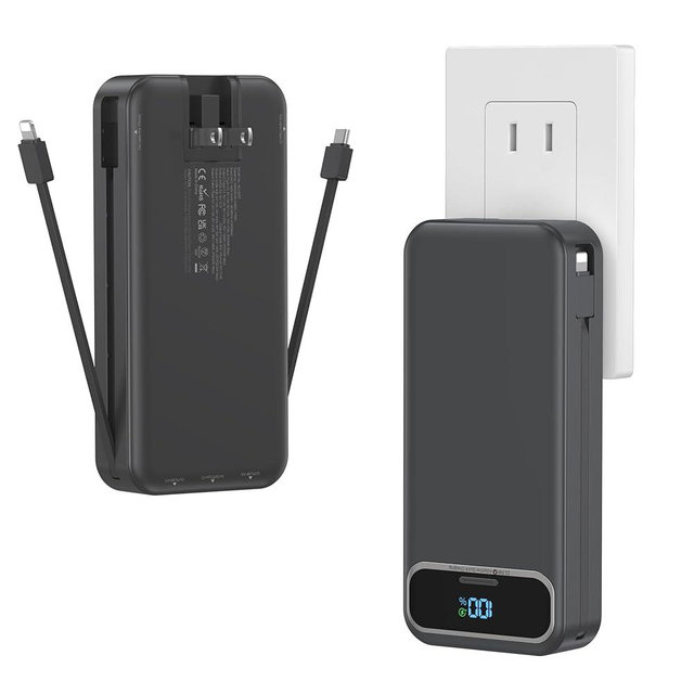 20000mAh Lightweight-Portable-Charger-Power-Bank with Built-in Cables and AC Wall Plug, PD20W USB-C Fast Charging Battery Pack, LED Display External Travel Phone Charger for All iPhone,Samsung,Android