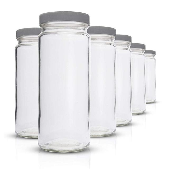Glass Water Bottles Set - 6 Pack Wide Mouth with Lids for Juice, Smoothies, Beverage Storage - 16 oz, Durable, Eco Friendly & BPA Free - Reusable, Dishwasher Safe, Leak Proof, Grey Caps